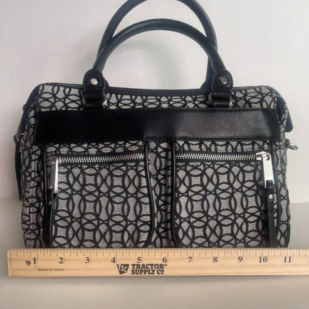 Black White Geometric Bowling Bag Satchel Purse Double Handle Handbag - Picture 9 of 12